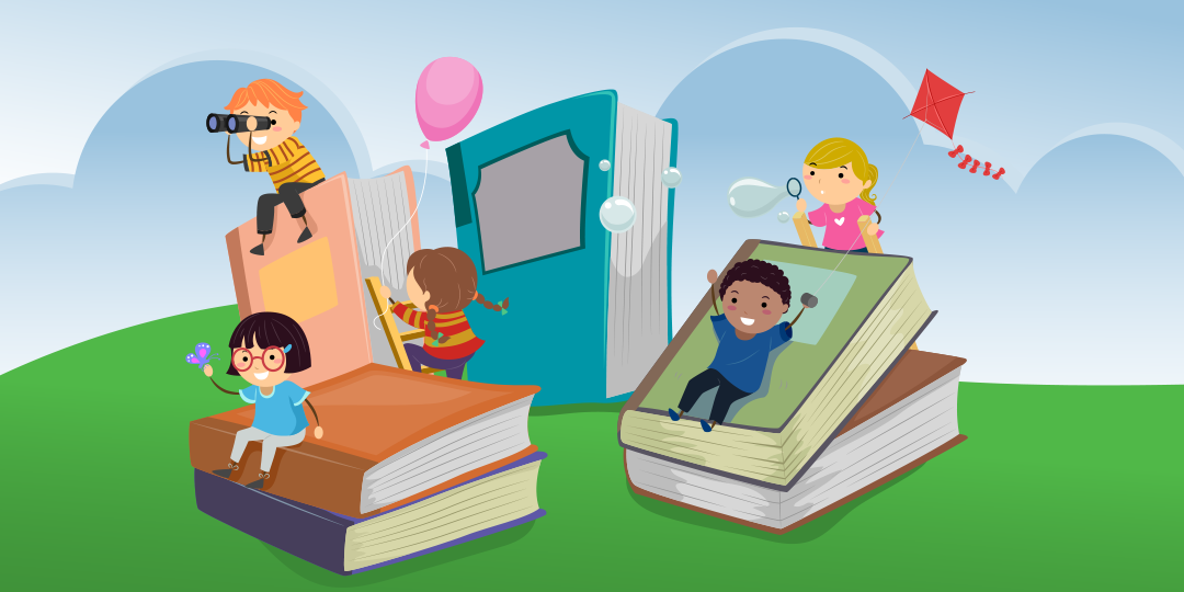 Illustration of children and books