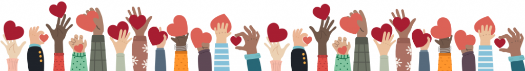 Illustration of hands of different skin tones reaching up and holding hearts