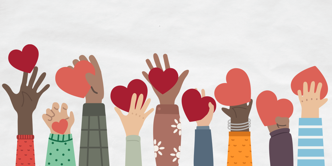 an illustration of hands up holding hearts