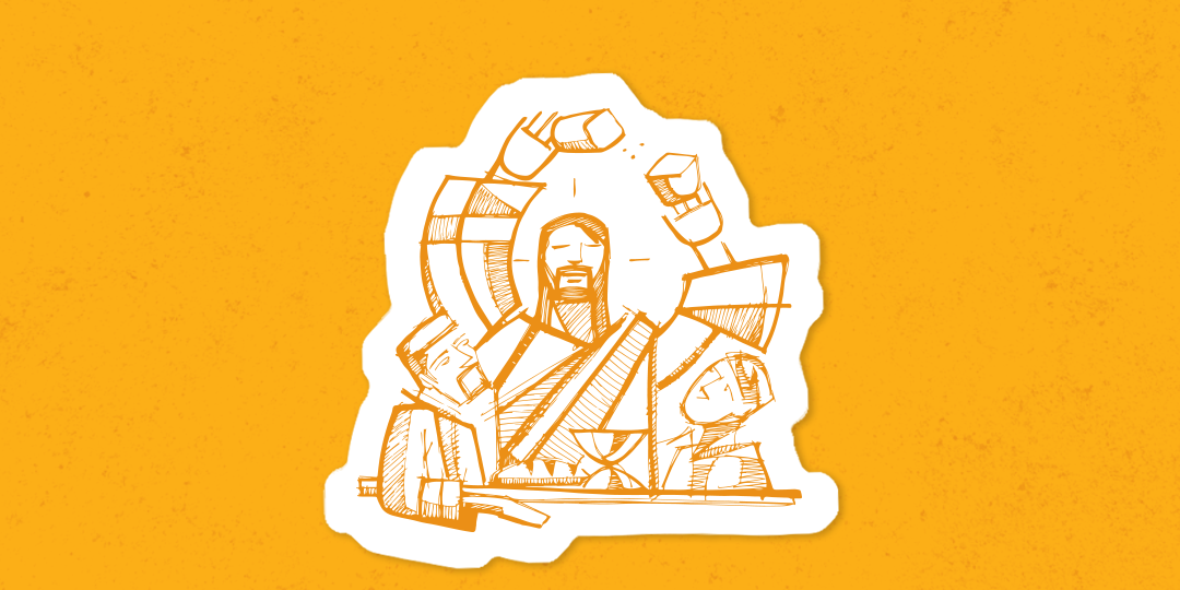 Illustration of Jesus breaking bread with two disciples on a yellow background with texture