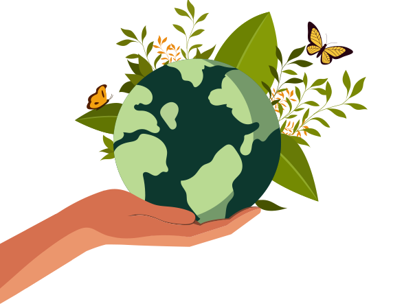 Illustration of a hand holding the Earth with plants and butterflies