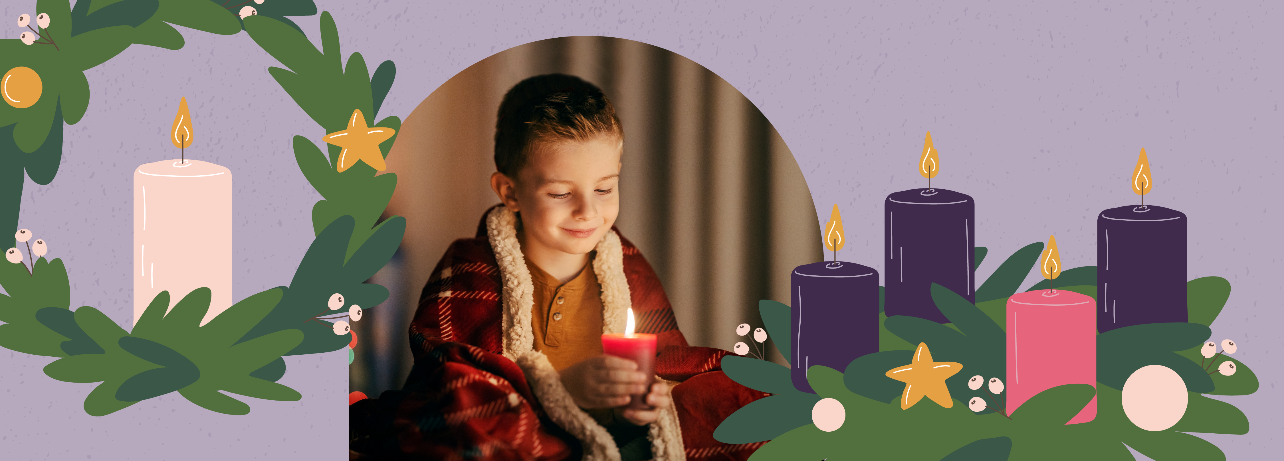 Boy looking at a candle with advent candle illustrations