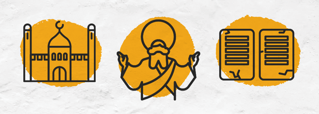 Line icons representing major world religions