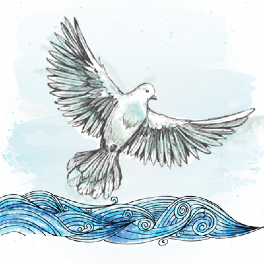 Watercolor image of a dove flying over water