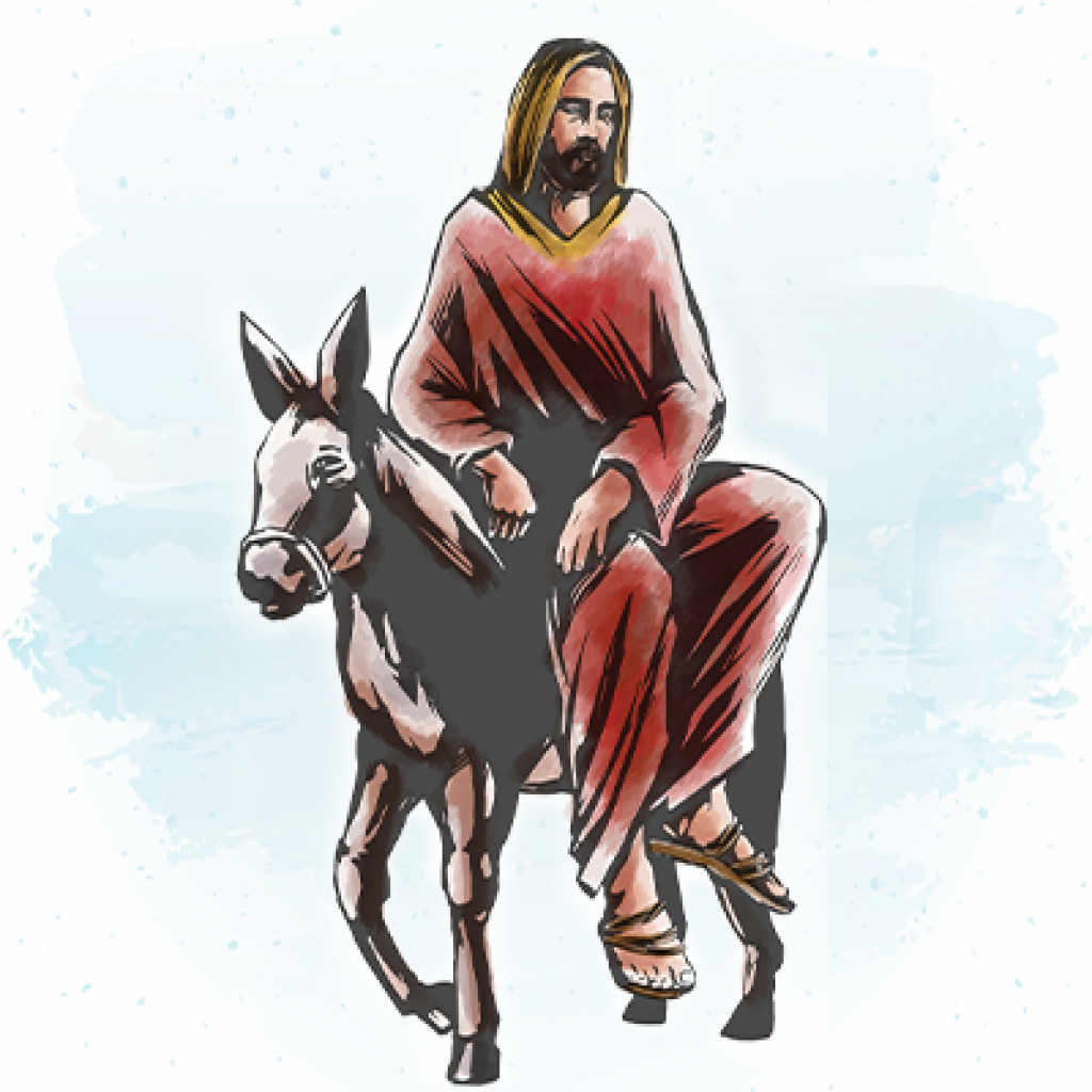 Watercolor image of Jesus riding a donkey