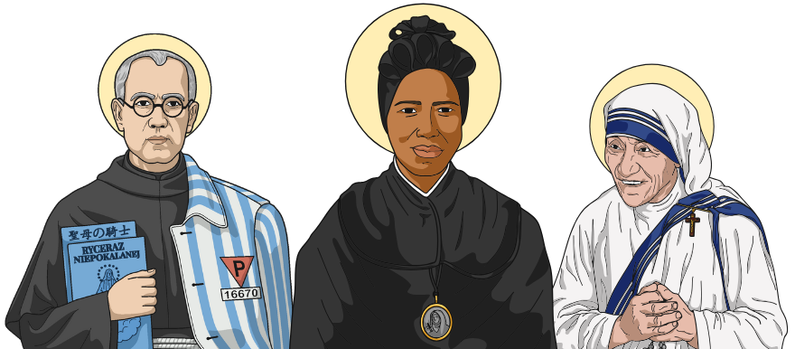 Illustrative drawings of Saints Maximilian Kolbe, Josephine Bakhita, and Mother Teresa