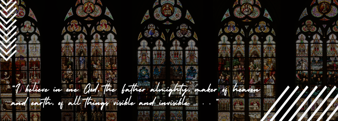 Image of stained glass and the beginning text of the Nicene Creed