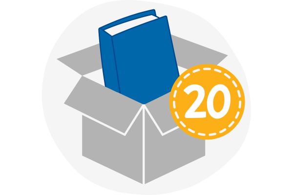 Illustration of a book in a box with the number 20