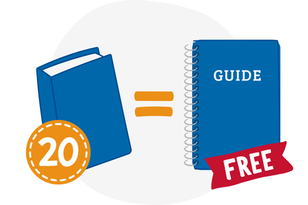 Illustration of a book with the number 20, an equal sign, and a spiral guide with "free" banner
