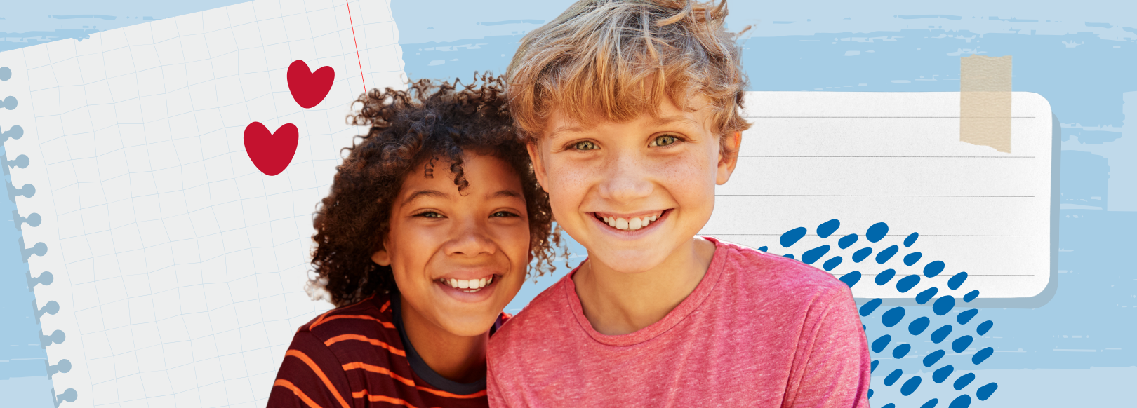 Smiling boys with illustrations in the background