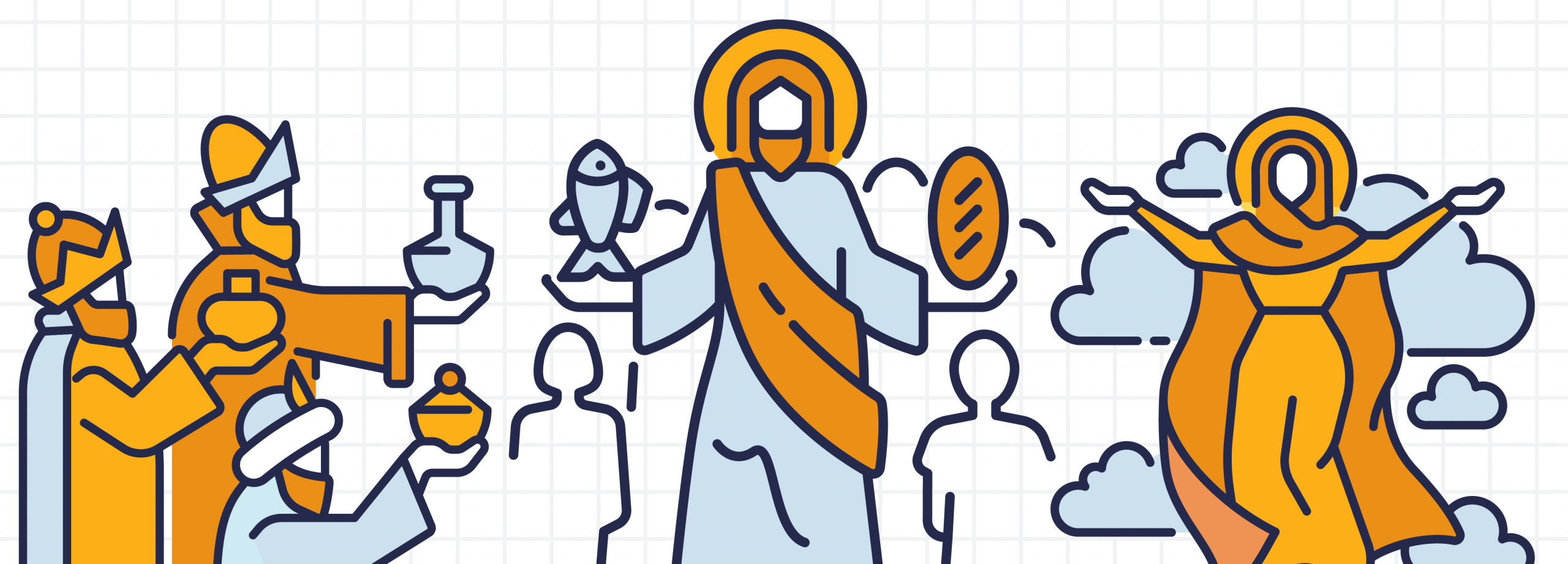 Illustrations of the three wisemen, Jesus performing a miracle, Mary's Assumption