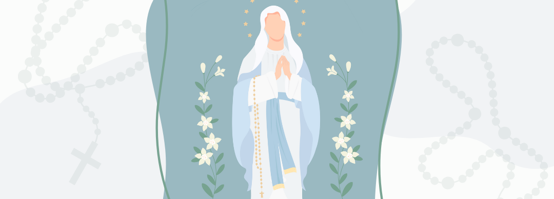 Illustration of Mary holding a rosary with other graphic elements