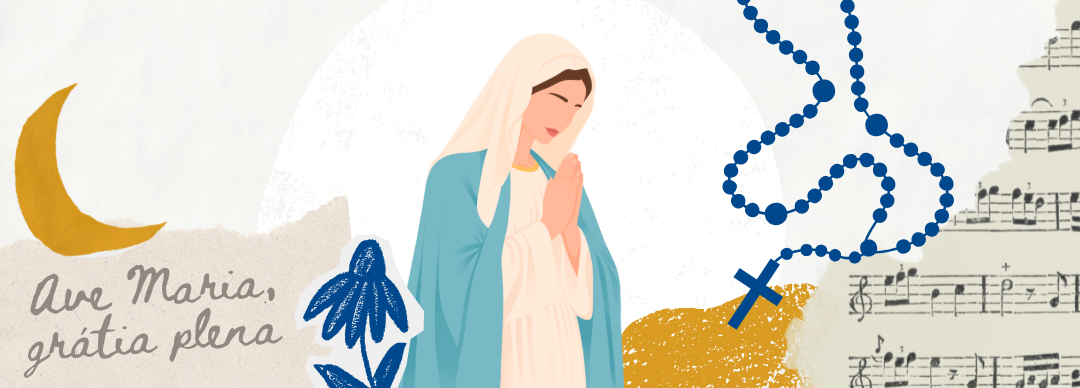 Illustration of Mary praying surrounded by various Marian devotions