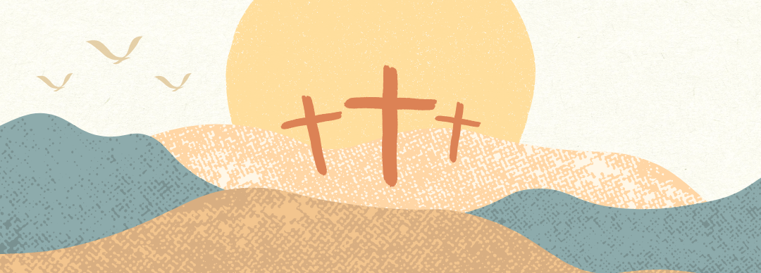Graphic of hills, 3 crosses, sunrise