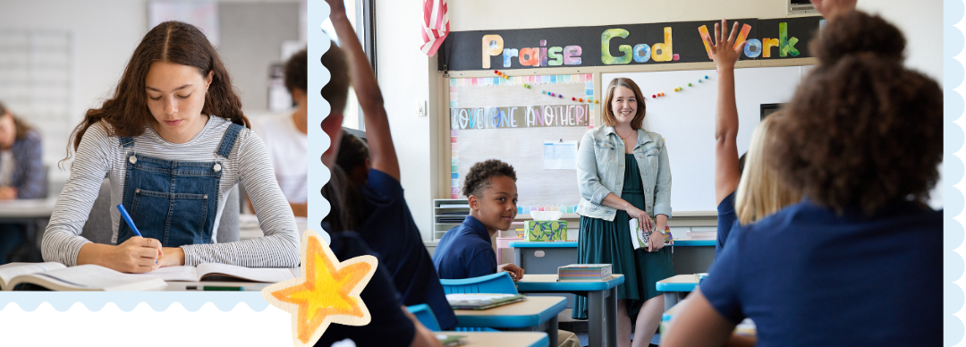 Girl writing at her desk, teacher laughing with students at desks